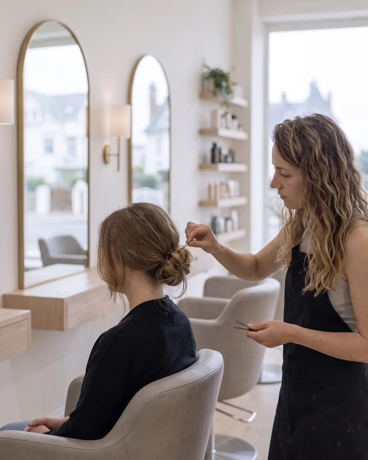 Anaé fixe un chignon bas avec des épingles sur une cliente assise au fauteuil
