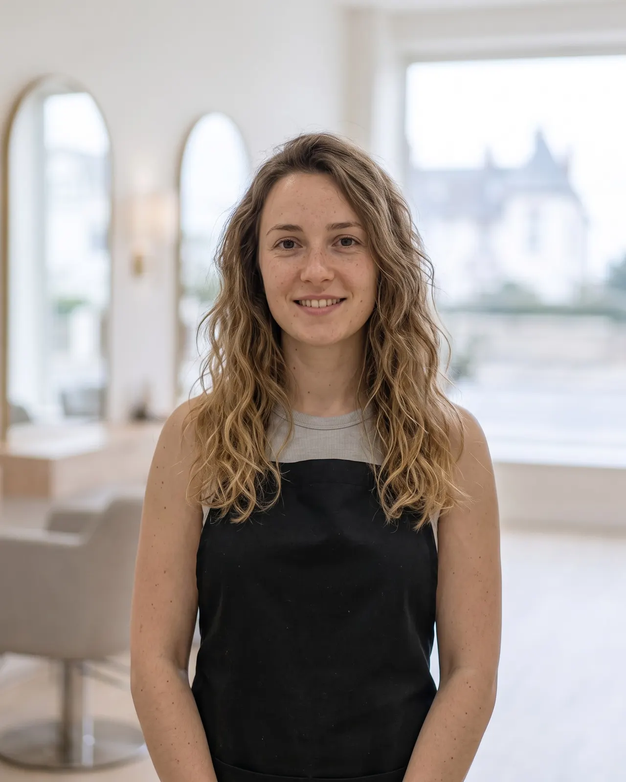 Anaé, coiffeuse, cheveux longs ondulés détachés et tablier noir, devant les miroirs en arche du salon