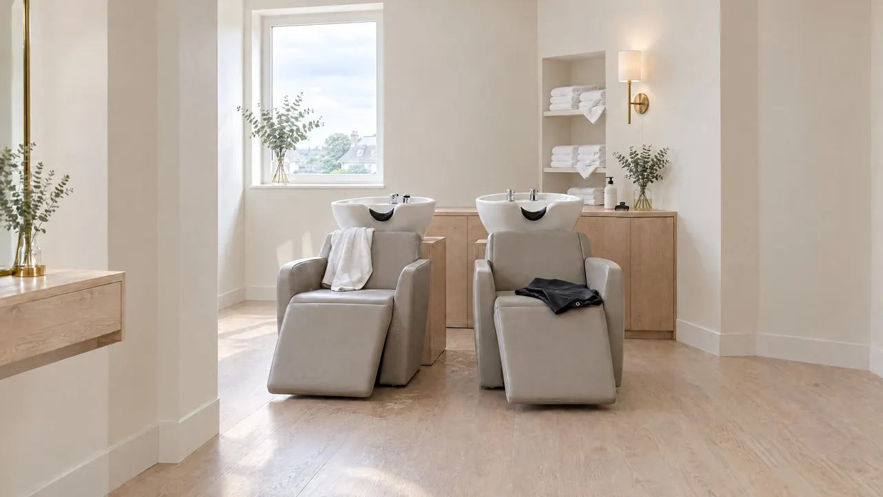 Bac de lavage du salon avec son fauteuil inclinable, robinetterie en laiton brossé et lumière de la vitrine