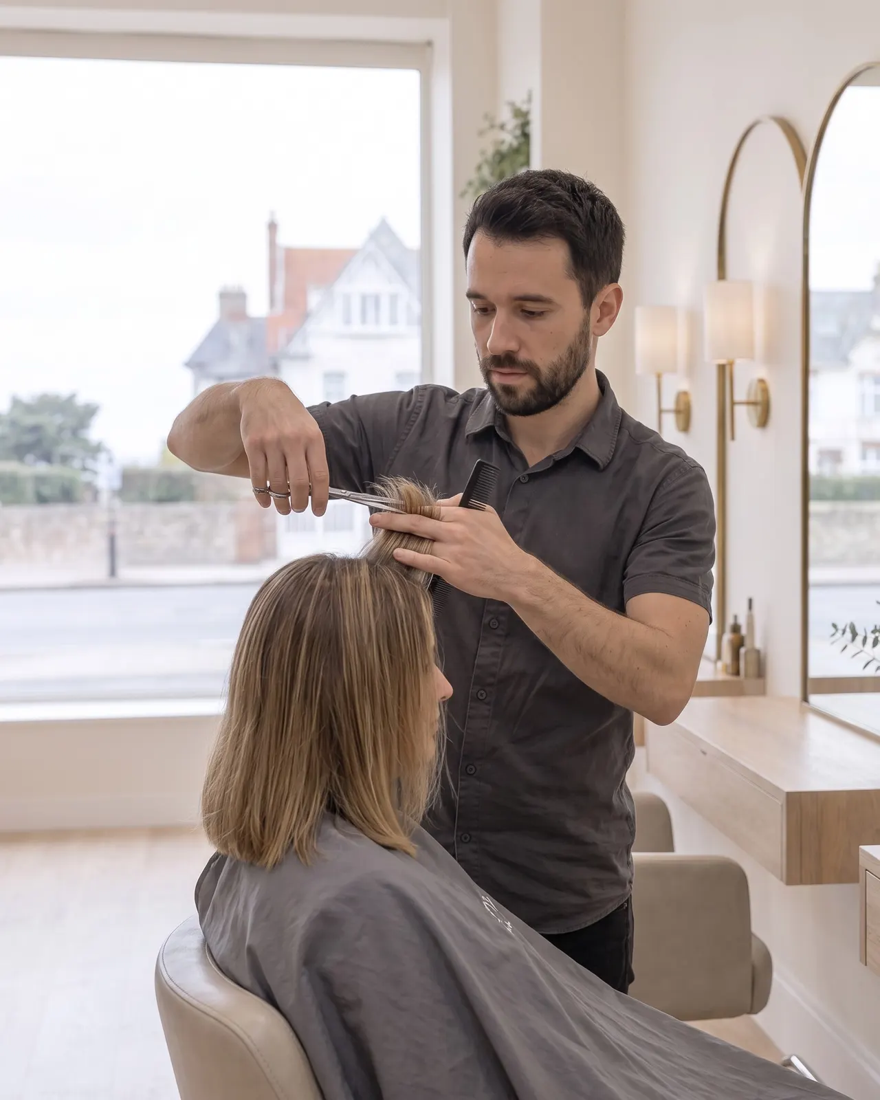 Maxence coupe aux ciseaux les longueurs d'une cliente vue de dos, devant un miroir en arche