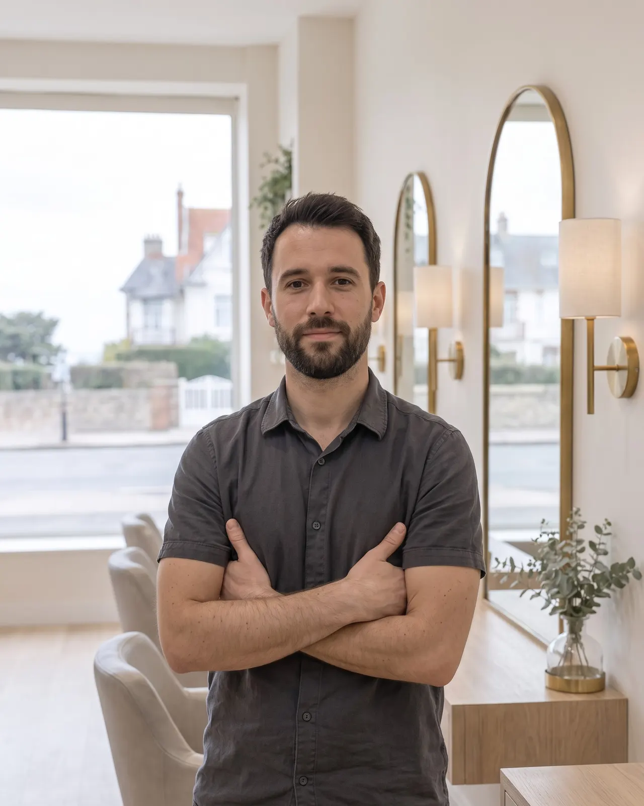 Maxence, coiffeur, barbe courte et chemise sombre, devant la vitrine du salon
