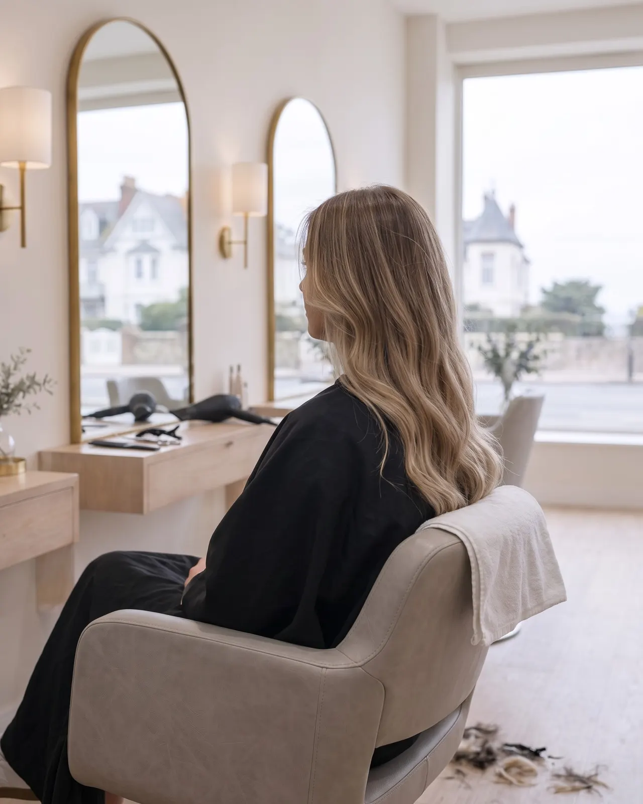 Balayage blond sur cheveux longs ondulés, cliente de dos devant un miroir en arche du salon