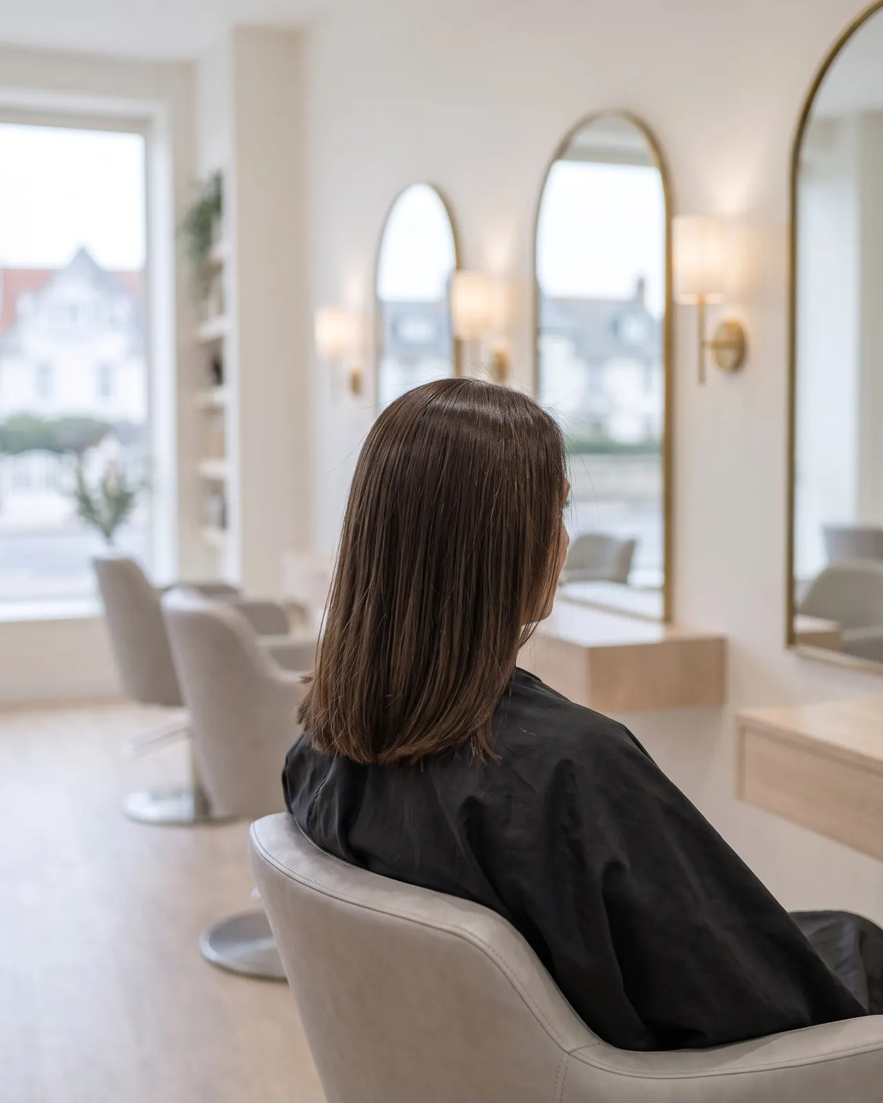 Brun brillant après coloration végétale, cliente de trois quarts au fauteuil