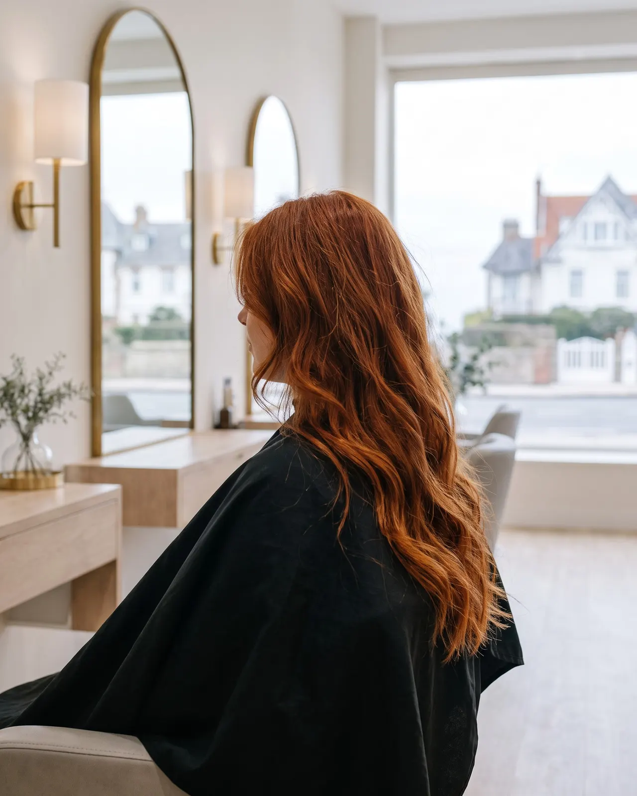 Roux cuivré sur cheveux mi-longs lissés, cliente de dos près de la vitrine