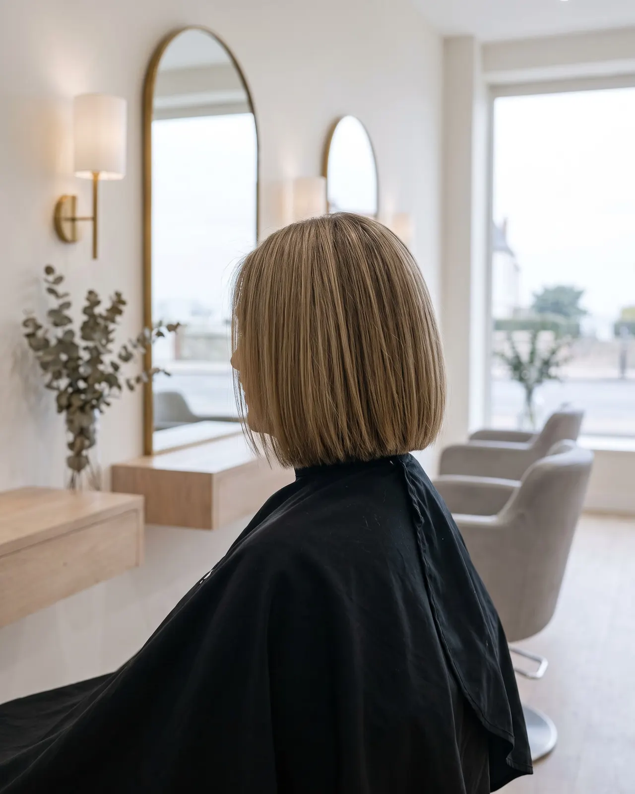 Carré court châtain coupé à la nuque, cliente de trois quarts devant le miroir