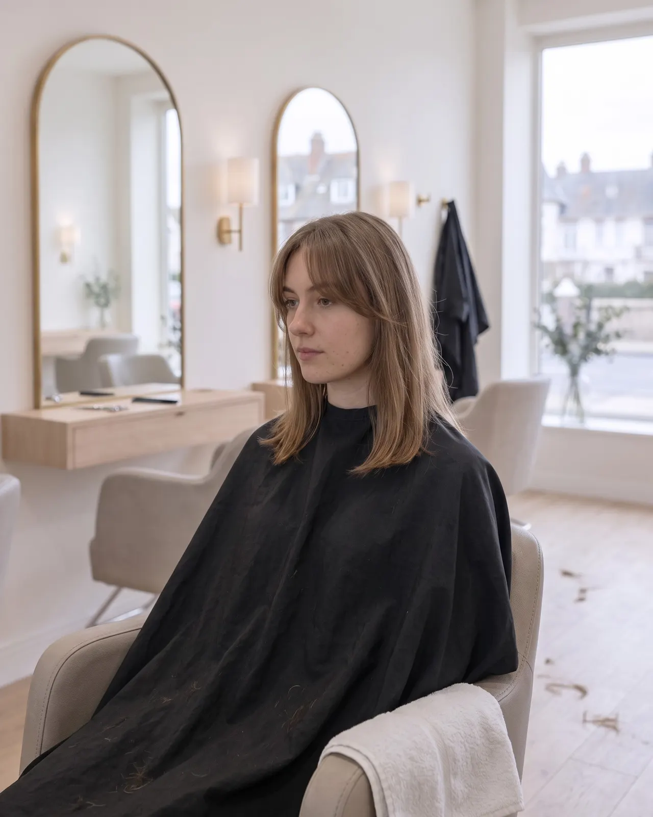 Frange rideau ouverte au milieu sur cheveux châtains mi-longs, cliente de trois quarts