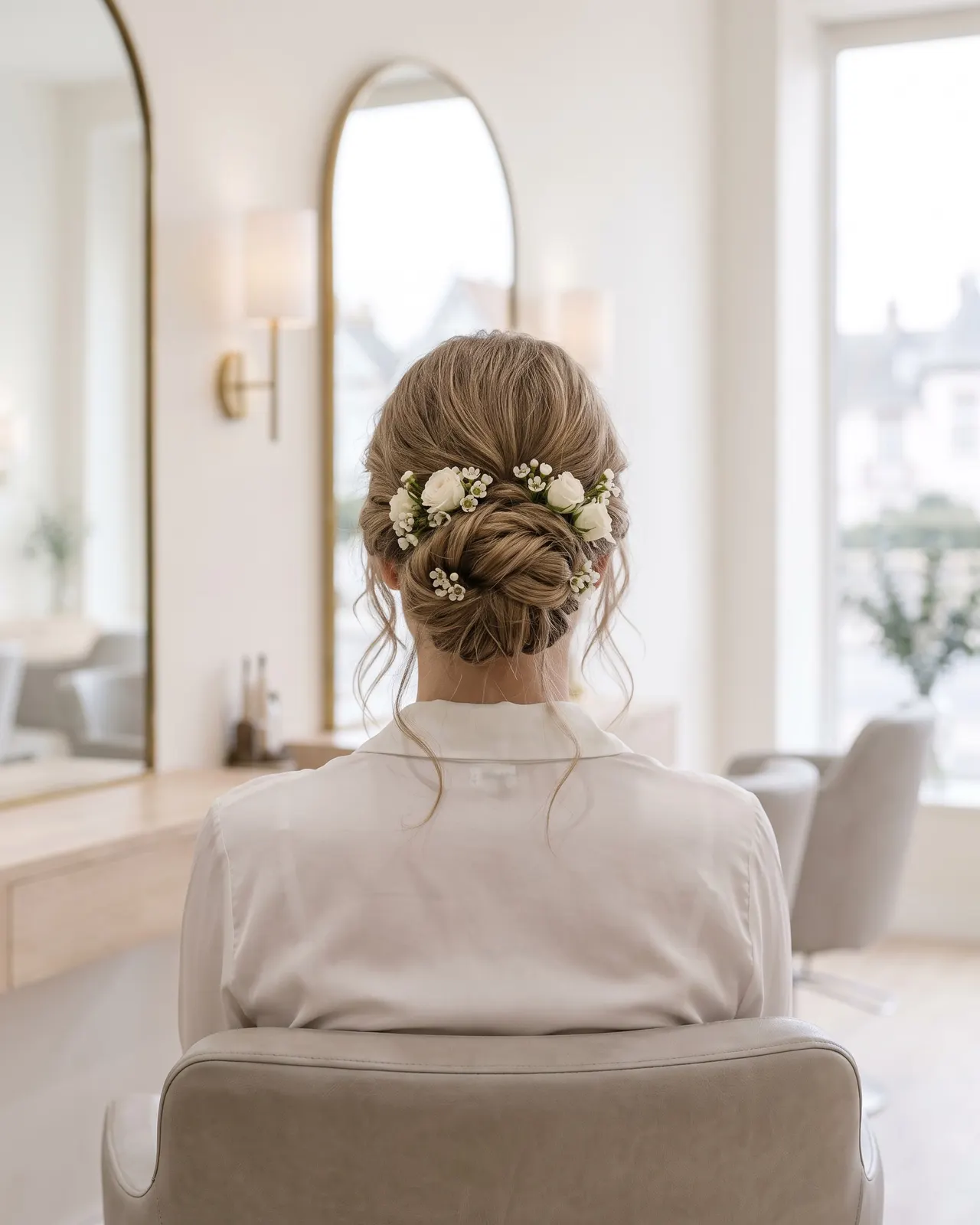 Chignon bas de mariée torsadé avec quelques mèches libres, vue de dos