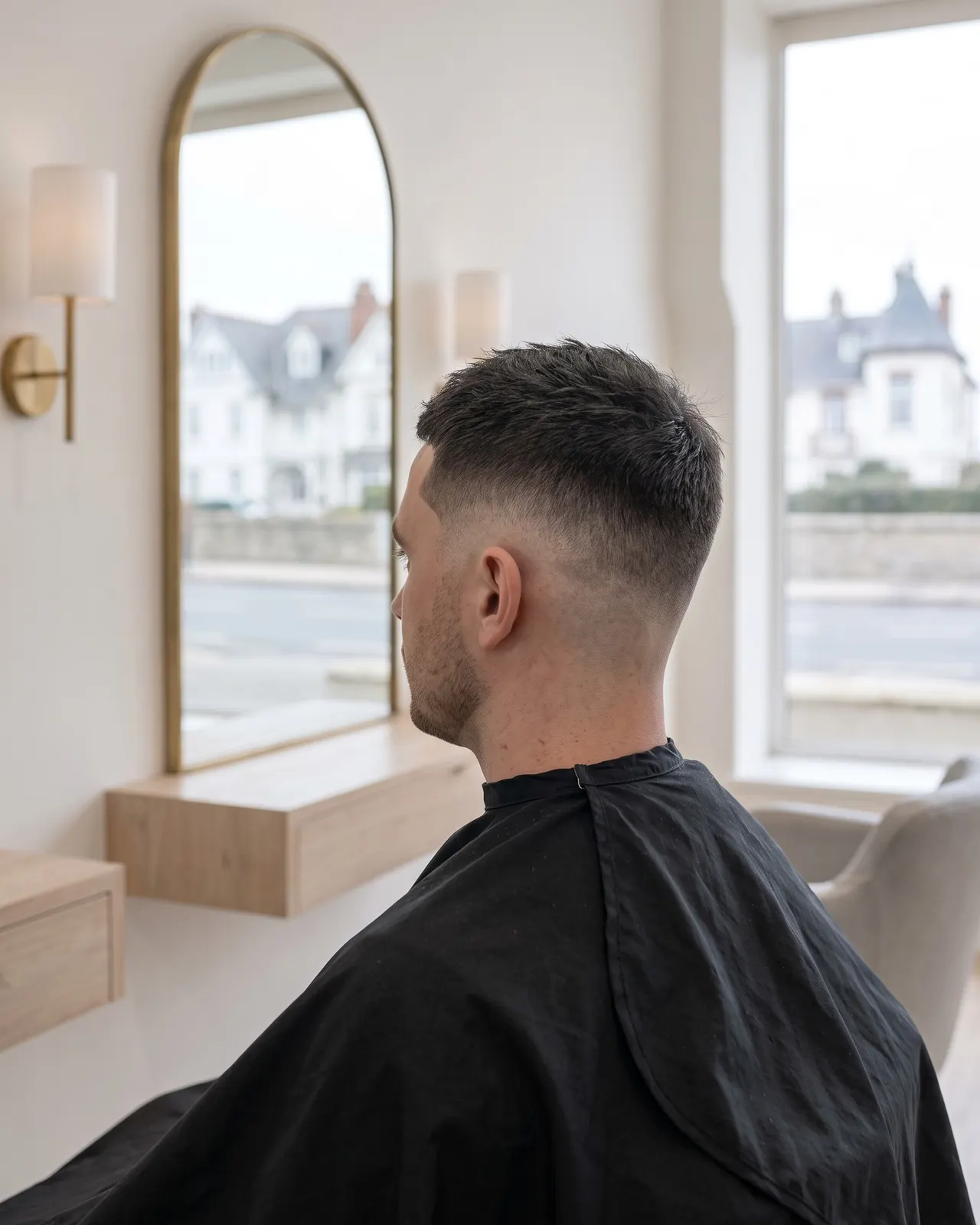 Coupe homme dégradée sur les côtés avec le dessus plus long, client de trois quarts