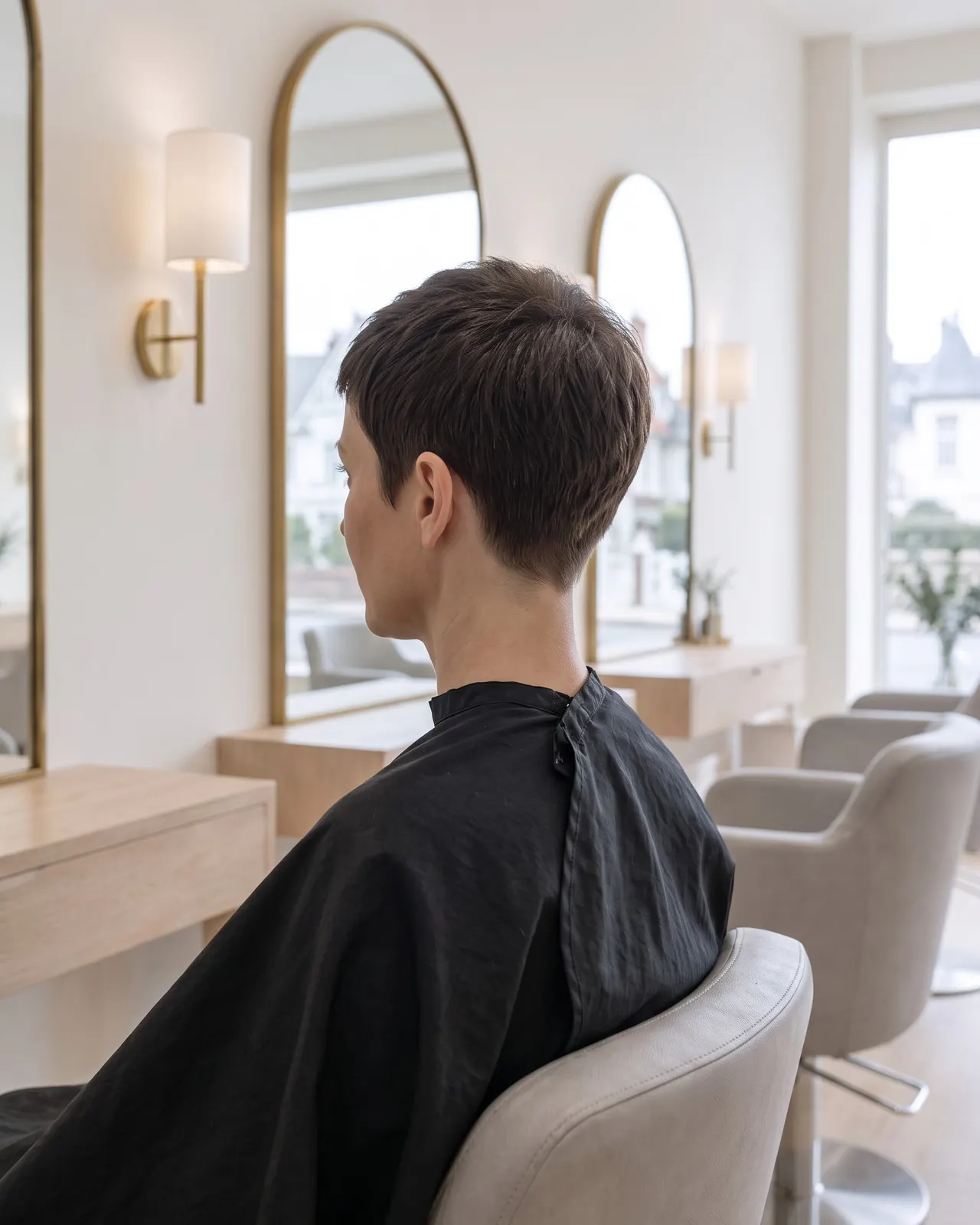 Coupe garçonne brune avec la nuque dégagée, cliente de trois quarts