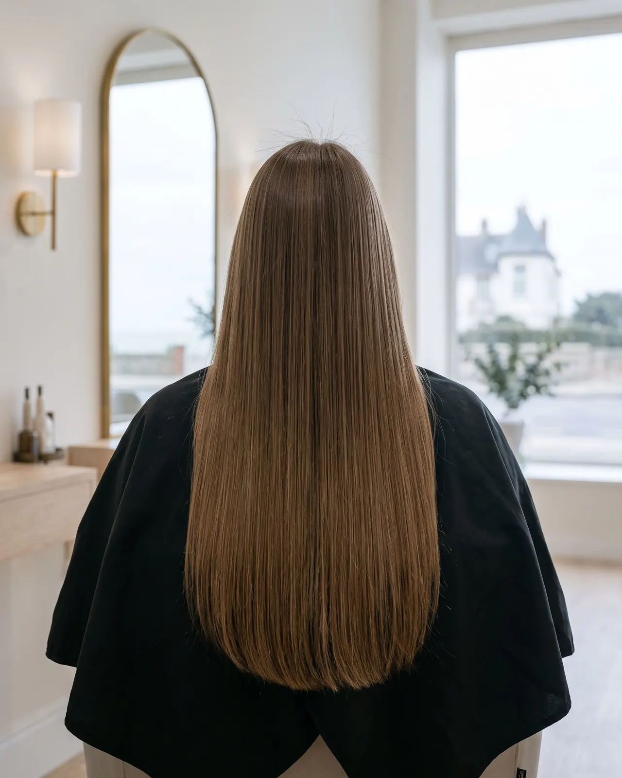 Longueurs brunes lissées au brushing jusqu'au milieu du dos, cliente de dos