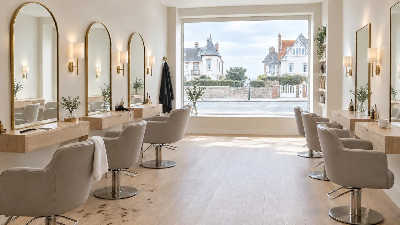 Salle du salon avec huit fauteuils, trois miroirs en arche, parquet clair et grande vitrine sur la rue de la Plage