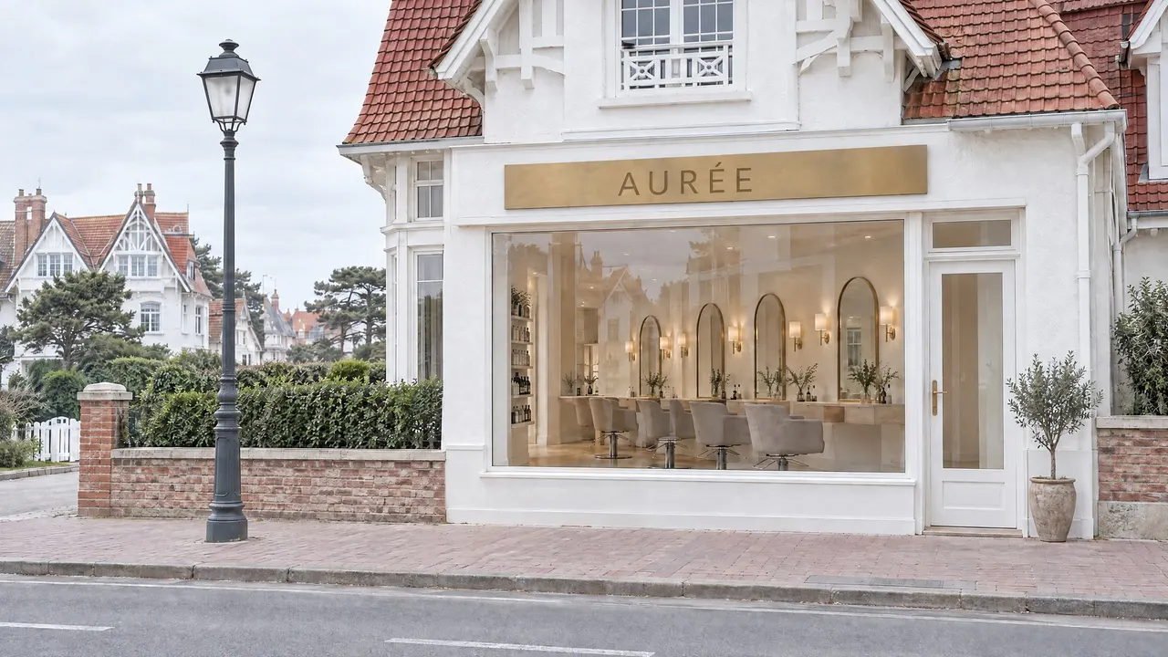Façade du salon rue de la Plage au Touquet, grande vitrine sur la salle et enseigne Aurée en laiton au-dessus